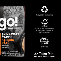 Go! Solutions Skin + Coat Care, Wet Cat Food, Salmon Pâté with Grains for Sensitive Skin, 6.4 oz