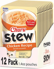 INABA Churu Stew for Cats, Broth Gelée with Shredded Chicken Side Dish Pouch with Vitamin E, 1.4 Ounces per Pouch, 12 Pouches, Chicken & Seafood Variety