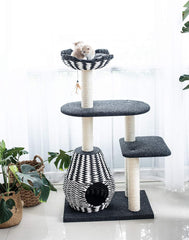 PetPals Ace 4-Level Multi-Activity Cat Tree with Felt Perches, Handwoven Recycled Paper Rope Condo, Sisal Scratching Posts, Feather Teaser Toy, Eco-Friendly & Stylish Cat Furniture, Black & White