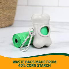 Arm & Hammer Dog Bone Shape Dog Poop Bag Dispenser With 30 Count Plant-Based Dog Poop Bags With Activated Baking Soda, 9 x 14 Inches, White