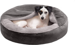 Furhaven 24" Round Calming Donut Dog Bed for Indoor Cats & Small Dogs, Washable, For Dogs Up to 20 lbs - Plush Velvet Waves Hooded Donut Bed