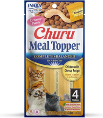 INABA Churu Meal Topper for Cats, Complete & Balanced, Creamy, Lickable Purée Cat Food Topper, 0.5 Ounce Tube, 4 Tubes (4 per Pack), Chicken with Cheese Recipe