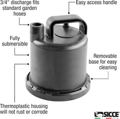 SICCE Ultra Zero 793 GPH Multi-Purpose Water Pump | Garden Hose Connection Portable Handle | Ultra Quiet Durable Aquarium Fish Tank Fountain Pond Hydroponics Terrarium Black | Freshwater & Saltwater