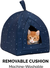 Furhaven Cat Bed Cave for Indoor Cats & Small Dogs, Washable & Foldable w/ Removable Cushion - Polycanvas Print Pet Tent - Night Sky, Small