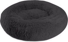Arlee Donut Round Pet Dog Bed - Memory Foam - Calming Reduce Anxiety - Shaggy Vegan Fur - Assembled USA, Black