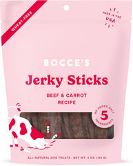 Bocce's Bakery Jerky Stick Dog Treats, Wheat-Free, Made with Limited-Ingredients, Baked in The USA with No Added Salt or Sugar, All-Naural & High-Protein, Beef & Carrot Recipe, 4 oz