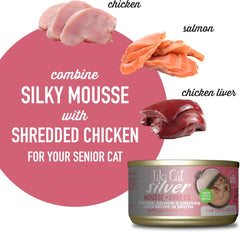 Tiki Cat Silver Comfort Mousse + Shreds, Chicken, Salmon & Chicken Liver Recipe, Immune System Support Formulated for Older Cats Aged 11+, Senior Wet Cat Food