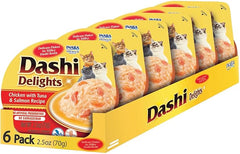 INABA Dashi Delights for Cats, Shredded Chicken with Bonito Flake Broth, 2.5 Ounce Cup, 6 Cups Total, Chicken with Tuna & Salmon Recipe