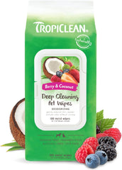 TropiClean Dog Wipes for Paws, Butt, Face, and Body, Anytime Cleaning and Deodorizing Pet Wipes, Safe for Licking, Berry Scent, Cat Safe 100 count