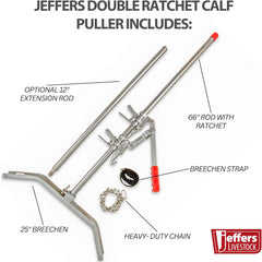 Jeffers Livestock Double Ratchet Calf Puller – Heavy Duty Stainless Steel Puller, Best Tool for Cow Deliveries, with 66" Rod, Ratchet, Extension Rod, Breechen & Strap, Heavy Duty Chains, Vet Tool
