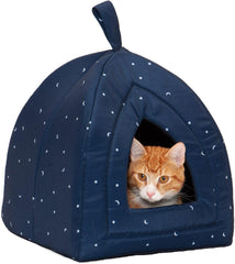 Furhaven Cat Bed Cave for Indoor Cats & Small Dogs, Washable & Foldable w/ Removable Cushion - Polycanvas Print Pet Tent - Night Sky, Small