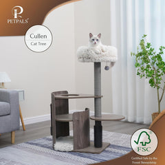 PetPals® Cullen Mid-Century 4-Level Cat Tower with Laminated Wood Frame, Recycled Paper Rope Scratching Posts, Sisal Mat, Soothing Massager, Sustainable Cat Furniture(Taupe)
