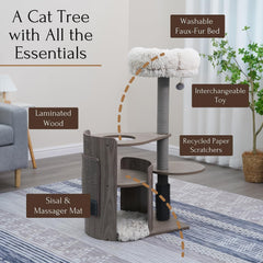 PetPals® Cullen Mid-Century 4-Level Cat Tower with Laminated Wood Frame, Recycled Paper Rope Scratching Posts, Sisal Mat, Soothing Massager, Sustainable Cat Furniture(Taupe)