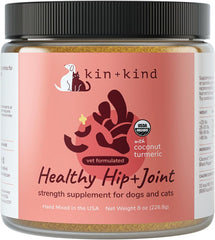 kin+kind Hip+Joint Supplement Dogs & Cats - Organic Healthy Hip+Joint Supplement - Vet Formulated Natural Formula with Organic Turmeric, Black Pepper and Coconut- Large 8oz - Made in USA