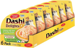 INABA Dashi Delights for Cats, Shredded Chicken with Bonito Flake Broth, 2.5 Ounce Cup, 6 Cups Total, Chicken with Tuna & Scallop Recipe