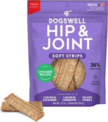 DOGSWELL Hip & Joint Dog Treats 100% Meaty, Grain Free, Glucosamine Chondroitin & Omega 3, Chicken Soft Strips 12 oz