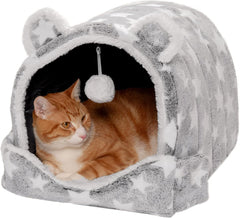 Furhaven Cat Bed Snuggle Hideout for Indoor Cats & Small Dogs, Washable & Foldable w/ Plush Ball Toy - Snuggle Hideout-Bear Pet Tent, Small