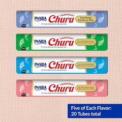 INABA Churu Cat Treats, Lickable, Squeezable Creamy Purée Cat Treat with Green Tea Extract & Taurine, 0.5 Ounces Each Tube, 20 Tubes, Tuna Variety