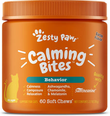 Zesty Paws Calming Chews for Cats - Composure & Relaxation for Everyday Stress & Separation - with Ashwagandha, Organic Chamomile, L-Theanine & L-Tryptophan – Bacon - 60 Count - Cat
