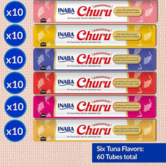 INABA Churu Cat Treats, Grain-Free, Lickable, Squeezable Creamy Purée Cat Treat/Topper, 60 Servings, Tuna Variety Box