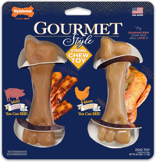 Nylabone Gourmet Style Strong Chew Toy Bundle, Toys for Dogs, Bacon & Chicken Flavor, Small - Up to 25 lbs, 2 Pack