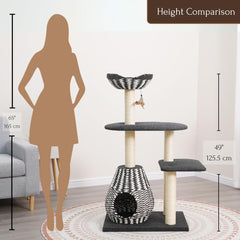 PetPals Ace 4-Level Multi-Activity Cat Tree with Felt Perches, Handwoven Recycled Paper Rope Condo, Sisal Scratching Posts, Feather Teaser Toy, Eco-Friendly & Stylish Cat Furniture, Black & White