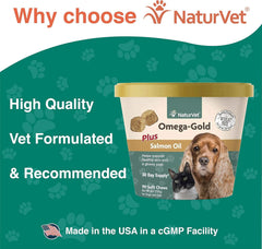 NaturVet – Omega-Gold Plus Salmon Oil | Supports Healthy Skin & Glossy Coat | Enhanced with DHA, EPA, Omega-3 & Omega-6 | for Dogs & Cats | 90 Soft Chews