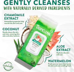 TropiClean Watermelon Dog Wipes for Paws and Butt | Deep Cleaning Dog Grooming Wipes | Safe for The Face | Cat Friendly | 14 oz