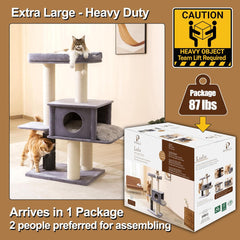 PetPals 57” Grand Maine Coon™ Cat Tree – Lulu, with Extra Large Condo, Removable Top Bed, Thick Sisal Scratching Posts, Full Body Grooming Brush (Gray)