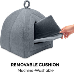 Furhaven Cat Bed Cave for Indoor Cats & Small Dogs, Washable & Foldable w/ Removable Cushion - Polar Fleece Pet Tent - Heather Gray, Small