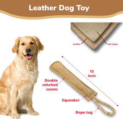 SPOT Dura-Fused Leather Retriever Dog Toy – Real Leather & Jute Fabric, Double-Stitched & Durable, Squeaky Interactive Tug Toy with Rope Handle for Moderate Chewers, Soft Stuffed Fetch Toy, 15in