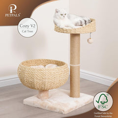 PetPals 3 Level Handwoven Paper Rope Cat Basket Bed and Perch with Scratching Post, Washable, Removeable Curshions, Playful Toy, for Indoor Cat, Light Brown