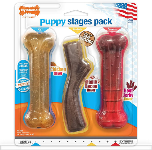 Nylabone Puppy Stages Dog Chew Toy Pack - Puppy Chew Toys for Teething and Chewing - Puppy Supplies - Chicken, Maple Bacon, and Beef Jerky Flavors, Medium/Wolf