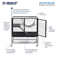 Prevue Pet Products Ferret Stack One Story Ferret Home with Portable Stand, Escape Proof Lock, Hammock, Ramps, Expandable Add-On Cage Stacking System