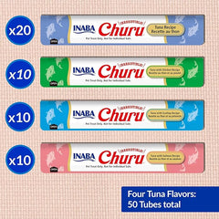 INABA Churu Cat Treats, Grain-Free, Lickable, Squeezable Creamy Purée Cat Treat/Topper with Vitamin E & Taurine, 0.5 Ounces Each Tube, 50 Tubes, Tuna Variety