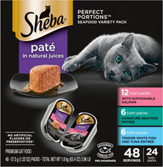 Sheba Perfect Portions Wet Cat Food Pate With Sustainable Salmon, Signature Seafood Entree, and Tender White Fish and Tuna Entree Variety Pack 2.6-oz(Pack of 24)