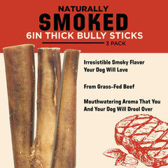 Barkworthies USA Hickory Smoked Thick Bully Sticks - 6 Inch 3 Count (Pack of 1) - All-Natural, Smoky Aroma, Great for Large Breeds