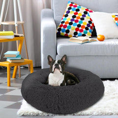 Arlee Donut Round Pet Dog Bed - Memory Foam - Calming Reduce Anxiety - Shaggy Vegan Fur - Assembled USA, Black