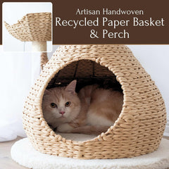 Petpals 28" High 2 Level Handwoven Paper Rope Nest Cat Bed and Large Handwoven Basket Hideaway with Washable Cushions,Replacement Natural Sisal Scratching Post for Indoor Cats