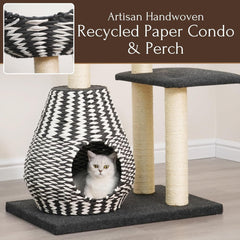PetPals Ace 4-Level Multi-Activity Cat Tree with Felt Perches, Handwoven Recycled Paper Rope Condo, Sisal Scratching Posts, Feather Teaser Toy, Eco-Friendly & Stylish Cat Furniture, Black & White