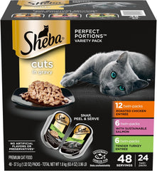 Sheba Perfect Portions Wet Cat Food Cuts in Gravy Variety Pack, Roasted Chicken Entree, with Sustainable Salmon, and Tender Turkey Entree 2.6-oz(Pack of 24)