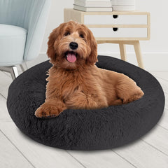 Arlee Donut Round Pet Dog Bed - Memory Foam - Calming Reduce Anxiety - Shaggy Vegan Fur - Assembled USA, Black