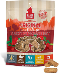 PLATO Turkey Real Strips Natural Dog Treats - Real Meat - Air Dried - Made in the USA - Turkey & Cranberry