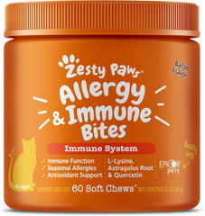 Zesty Paws Cat Allergy Relief - Anti Itch Supplement - Omega 3 Probiotics - Salmon Oil Digestive Health - Soft Chews for Skin & Seasonal Allergies - with Epicor Pets - Bacon - 60 Count