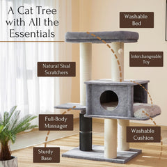 PetPals 57” Grand Maine Coon™ Cat Tree – Lulu, with Extra Large Condo, Removable Top Bed, Thick Sisal Scratching Posts, Full Body Grooming Brush (Gray)