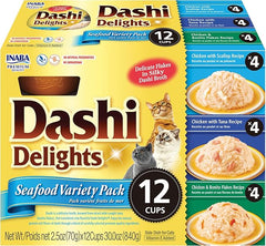 INABA Dashi Delights for Cats, Shredded Chicken with Bonito Flake Broth, 2.5 Ounce Cup, 12 Cups Total, Seafood Variety