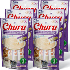 INABA Churu Cat Treats, Grain-Free, Lickable, Squeezable Creamy Purée Cat Treat/Topper with Vitamin E & Taurine, 0.5 Ounces Each Tube, 24 Tubes (4 per Pack), Chicken with Shrimp Recipe