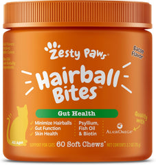 Zesty Paws Hairball Bites for Cats - Cat Furball Support - Functional Supplement with Omega 3 Fish Oil EPA & DHA + Zinc, Biotin & Psyllium Husk - Supports Gut & Skin Health - 60 Count