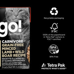 Go! Solutions Carnivore, Grain-Free, Protein Rich Wet Cat Food, Minced Lamb and Wild Boar Recipe, 6.4 oz