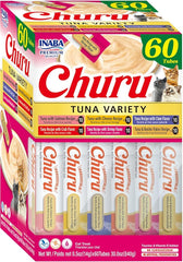 INABA Churu Cat Treats, Grain-Free, Lickable, Squeezable Creamy Purée Cat Treat/Topper, 60 Servings, Tuna Variety Box
